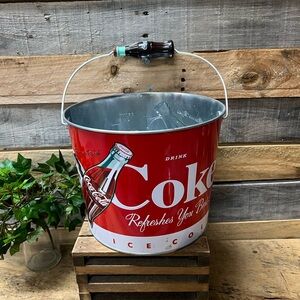 Classic Coca-Cola Red and White Galvanized Tin Ice Bucket with Handle